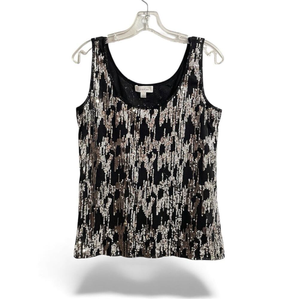 Calvin Klein Sequin Top Size Large Black Silver Tank Holiday Party Event Fancy